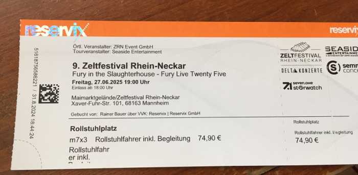 Foto Konzertticket Fury in the slaughterhouse