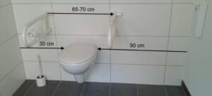 Das Foto zeigt ein WC mit Stützklappgriffen und den Abmessungen.